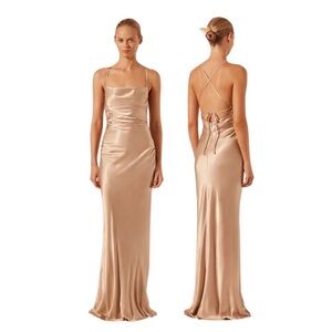 Shona Joy La Lune Lace Back Gold Formal Event Maxi Dress SJ3945 Size 10